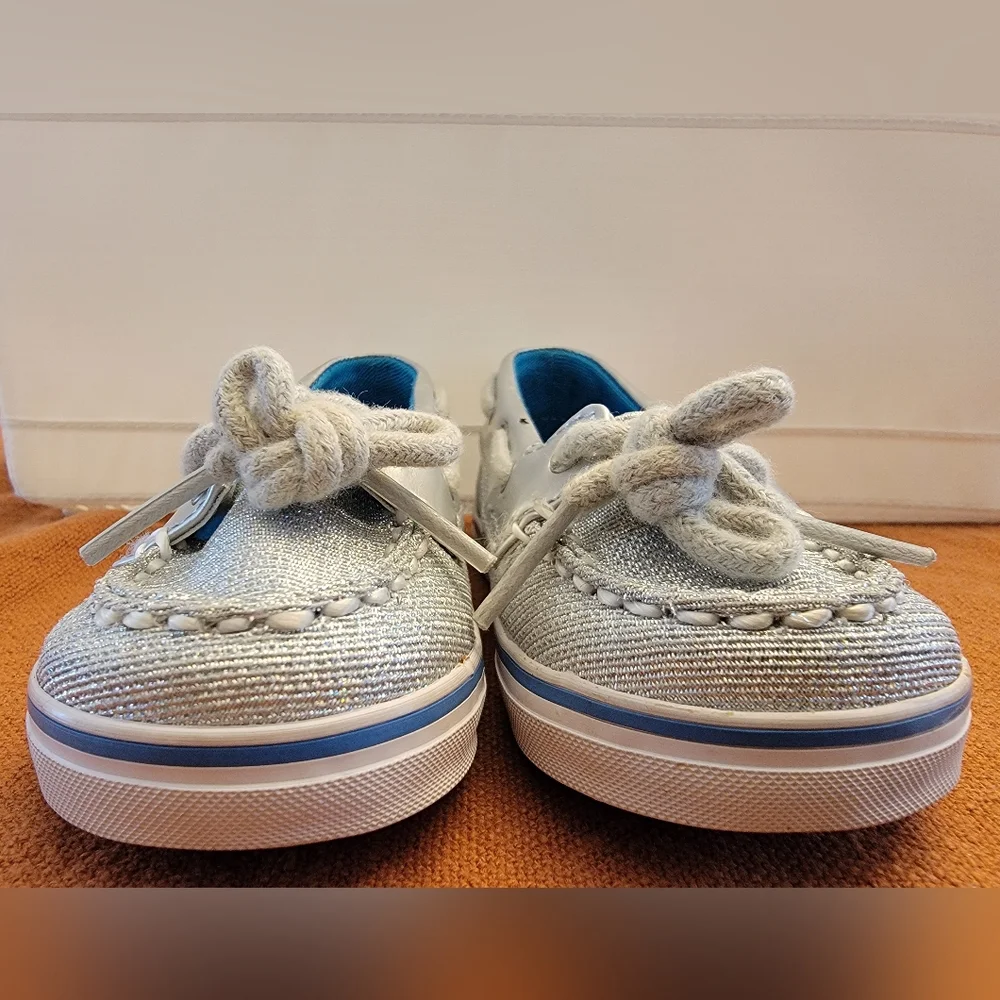 Sperry Silver Moccasins with Decorative Bow